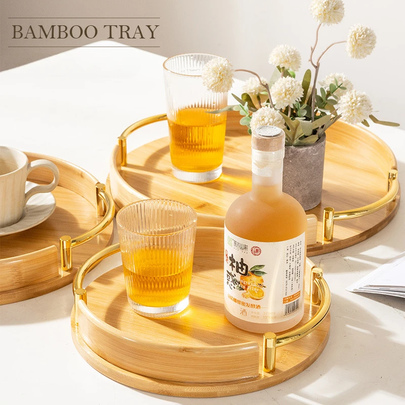 

Modern Simple Bamboo Tray Round Fruit Plate Household Products Restaurant Tea Set Dessert Carrying Handle Small Tray