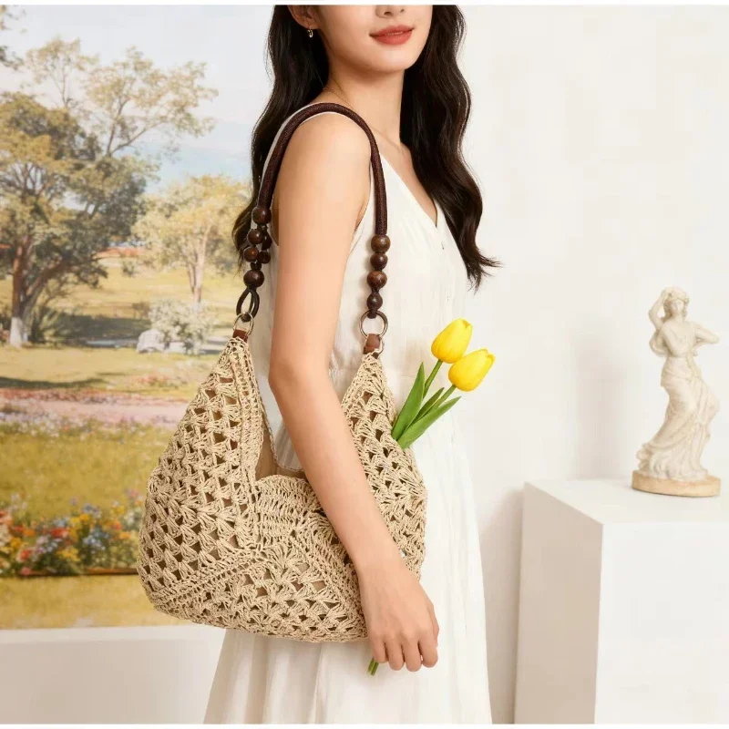 Hohl gestrickte Häkel-Schultertasche, Damen Casual Colorblock Handtasche für den Arbeitsweg, Leichte Sommer-Reisetasche – Detail 13