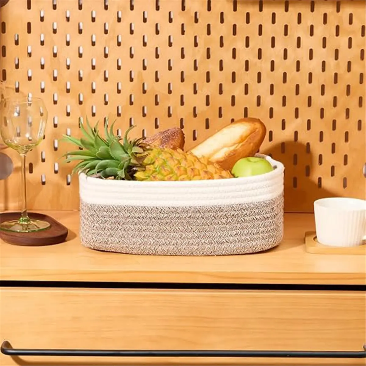 3 Pack Cotton Rope Storage Baskets, 13.4x9.5x5.1in Shallow Tray Bins for Shelf, Nursery, Bathroom Organizer