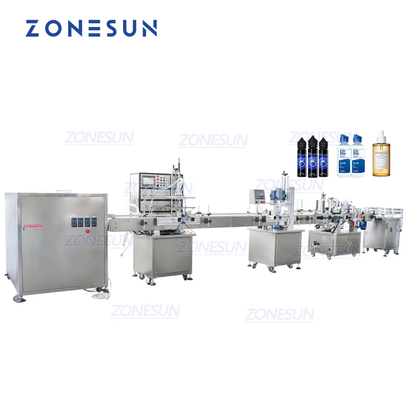 ZONESUN Fully Automatic Magnetic Pump Four Heads Juice Ink Round Bottles Filling Capping Labeling Machine Line For Production