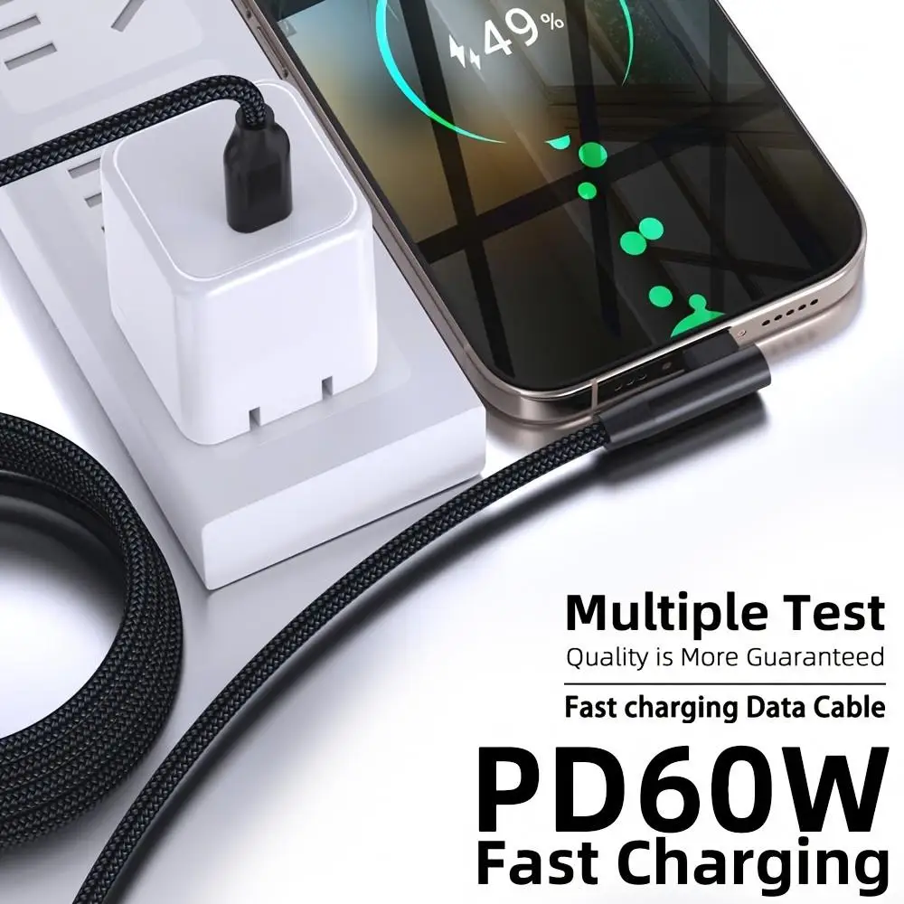 LAIHONEN PD 60W 90° Elbow USB-C to C Cable, Nylon Braided USB2.0, For IPhone17 Samsung S22-S10 MacBook Pixel All Type-C Carplay