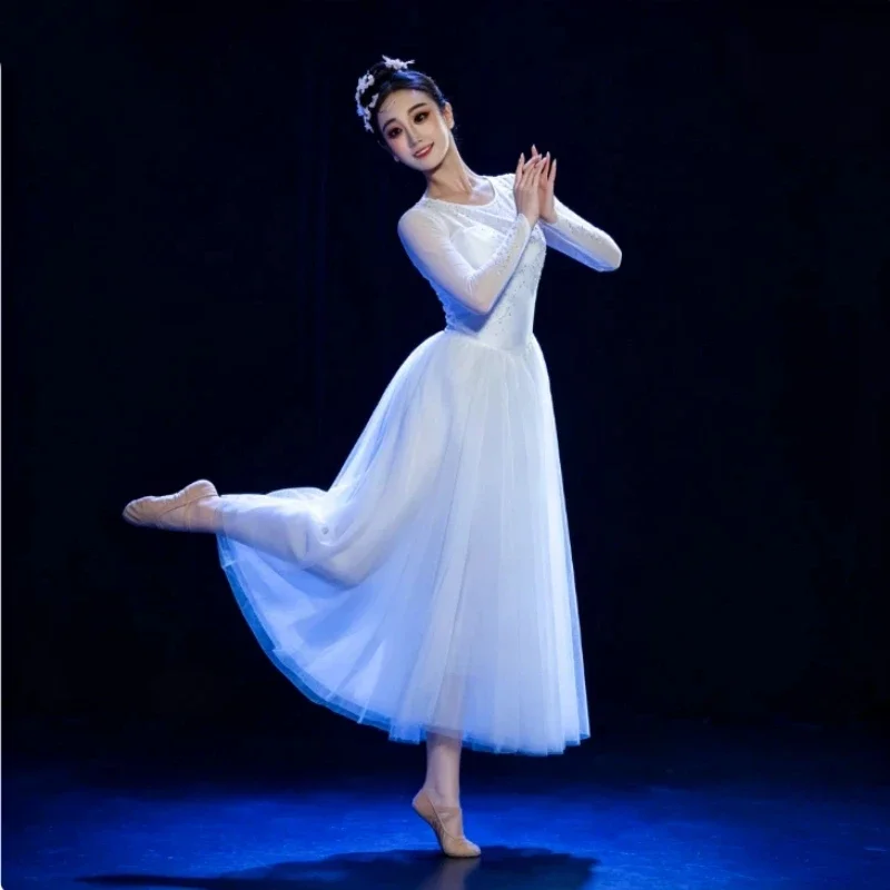 Weißes Klassisches Eröffnungstanz-Kostüm Modernes Tanzkleid mit Großem Schwungrock Ballett Ballsaal Tanzkleid für Frauen Bühnenshow-Tanzkleidung