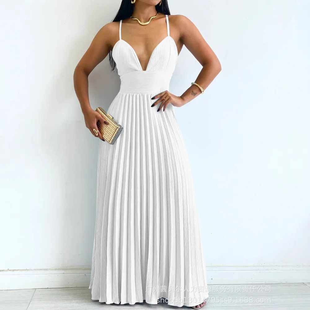 Leibchen Plissee Kleider Frauen Pullover Solide Bodenlangen Kleid V-ausschnitt Lose Fit 2025, Hohe Taille Y2k Streetwear Sommer Casual