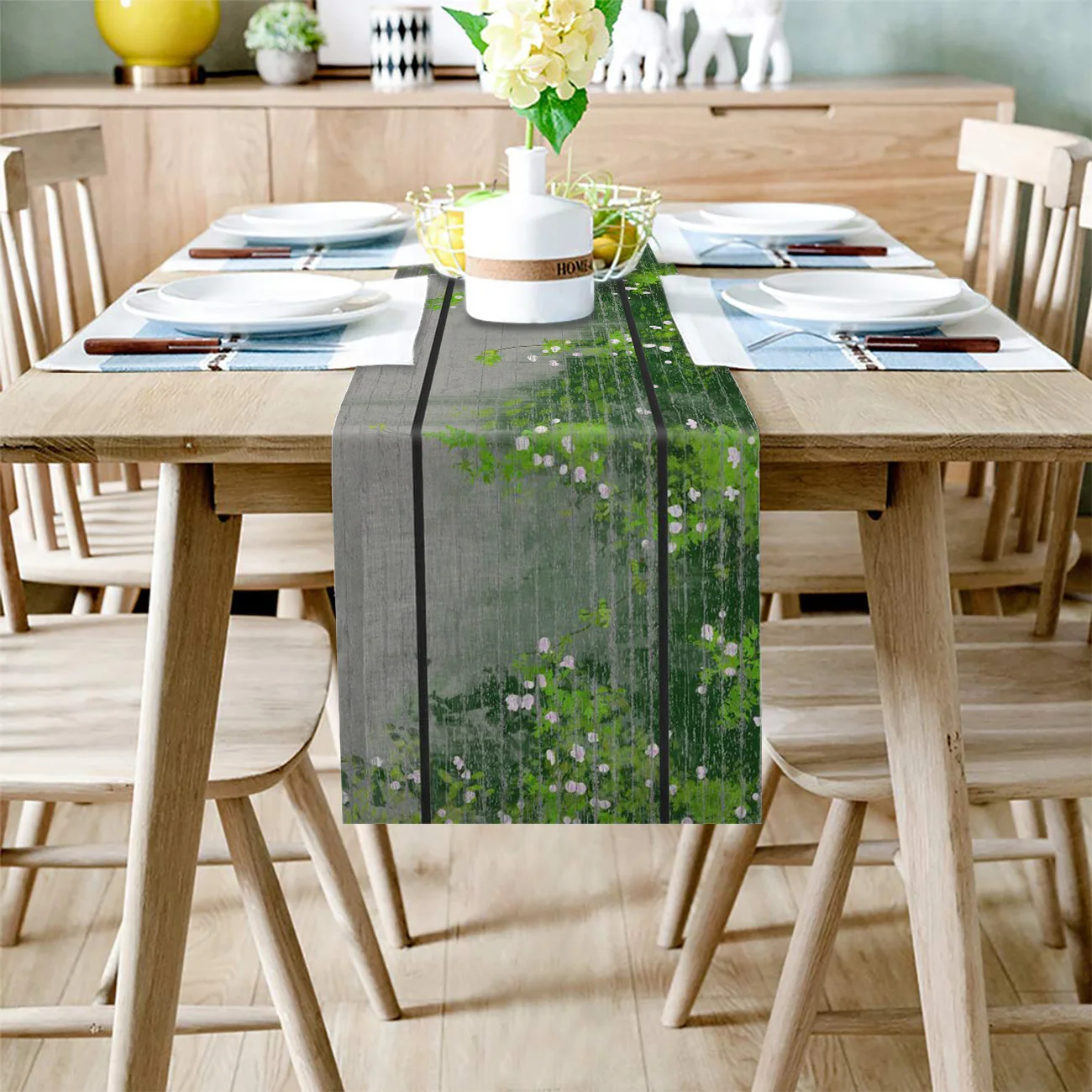 Green Plants On Wood Grain Background Table Runners For Wedding Party Decoration Modern Linen Cotton Table Runner Home Decor