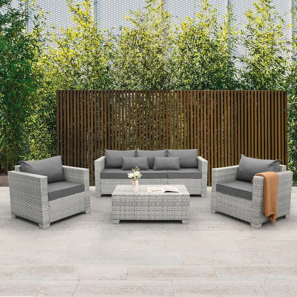 

Furniture Set 4 Piece Wicker Conversation Sets PE Rattan Chair Outdoor Couch Sectional Sofa with Storage Table, Grey Cushion