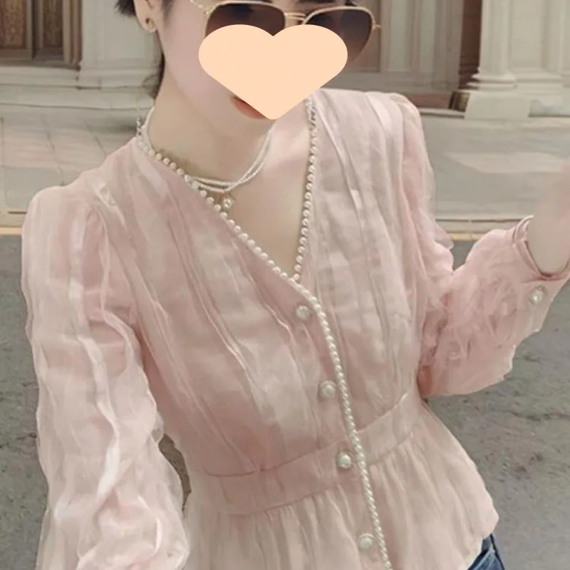 

2025 Autumn Fashion New Niche Collar Trendy Chiffon Shirt Pearl Waist Cinching for Slimming Effect Paired with Inner Shirt