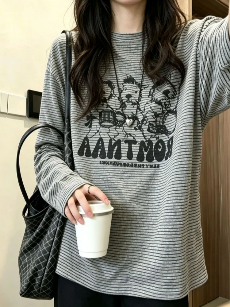 American Style Dog Letter Print T-Shirt Women's Loose Fit Long Sleeve round Neck Polyester Spandex Anti-Wrinkle Autumn Winter...