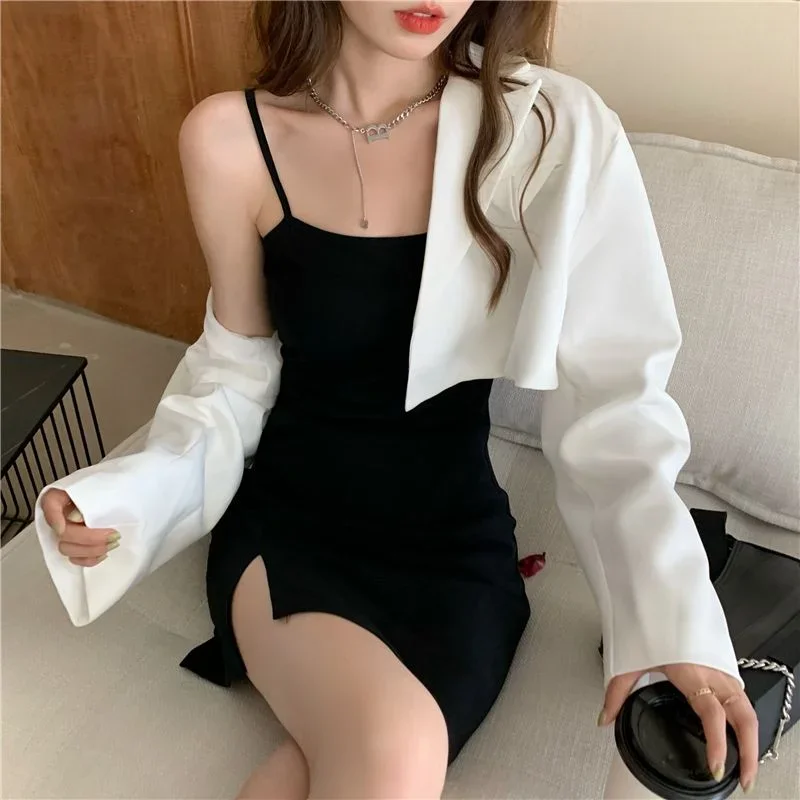 

Блейзеры для женщин, однотонные, укороченные, простые, с надрезом, летние, универсальные, для офиса, с длинными рукавами, повседневные, в корейском стиле, модные, классические, шикарные