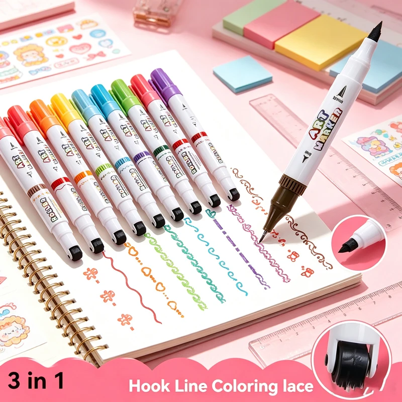 3‑in‑1 Curve Liner Marker Pens, Kawaii Roller Tip Shaped Highlighter for Journaling Drawing, School Office DIY Stationery