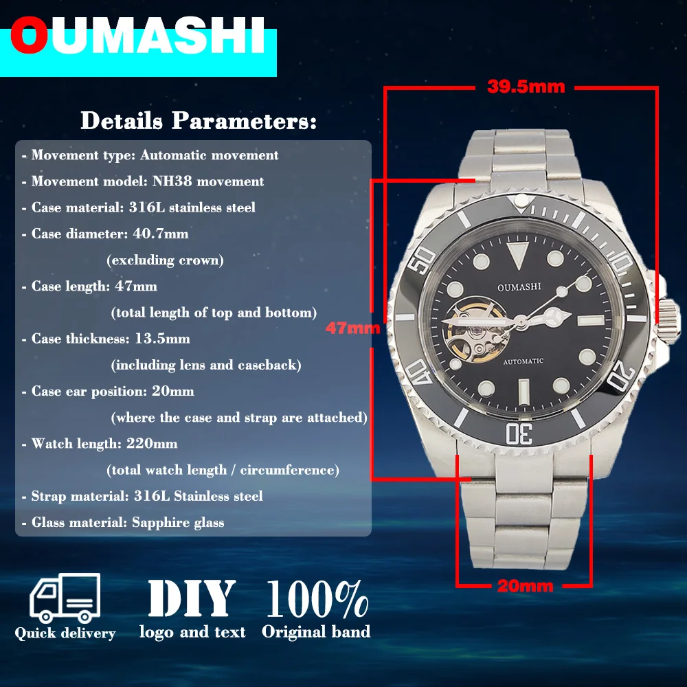 40.7mm watches for men NH38 watch Hollow dial Stainless steel waterproof sapphire glass NH38 Men\' watch NH38 Automatic movement