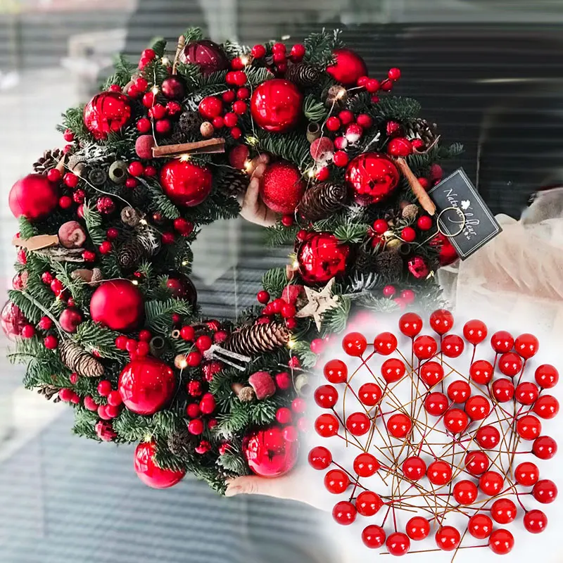 100/200pcs Artificial Holly Berries Pearl Stamens Small Berries Cherry Wedding Party Xmas Tree Decor Home New Year Navidad Gift