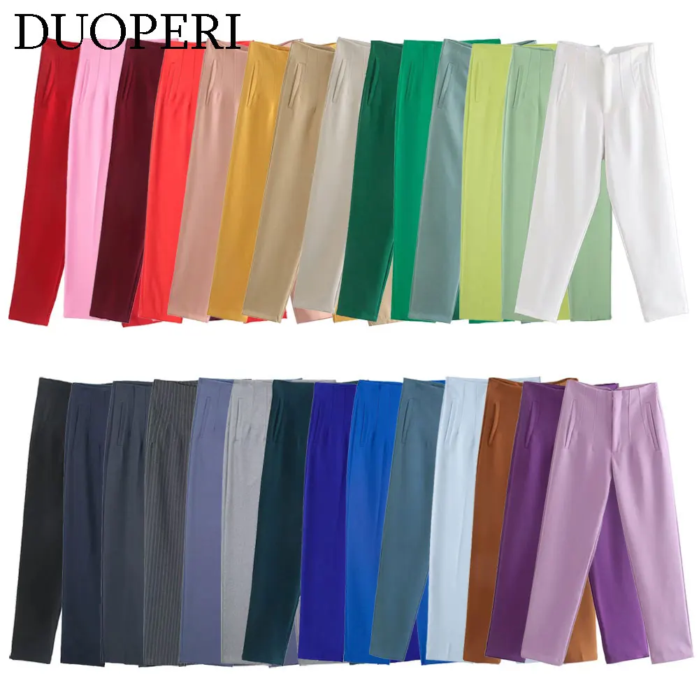 DUOPERI Women Fashion Solid Basic High Waist Trousers Chic Female Office Lady Casual Business Workwear Long Pant