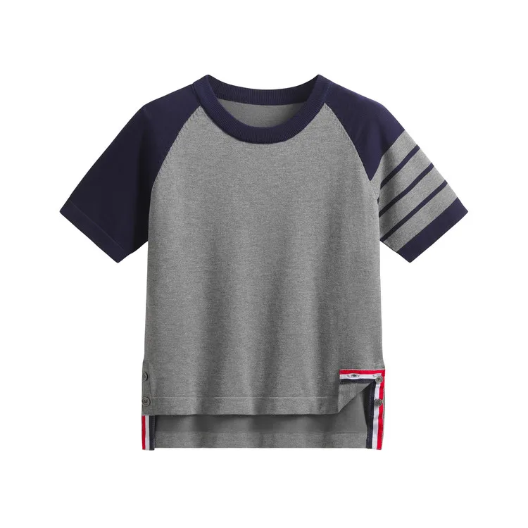 T-shirt ort Sve tricoté en soie glacée fine pour femmes, rond, rayé, couleur Blo College Sle, coupe ample, longueur régulière, été