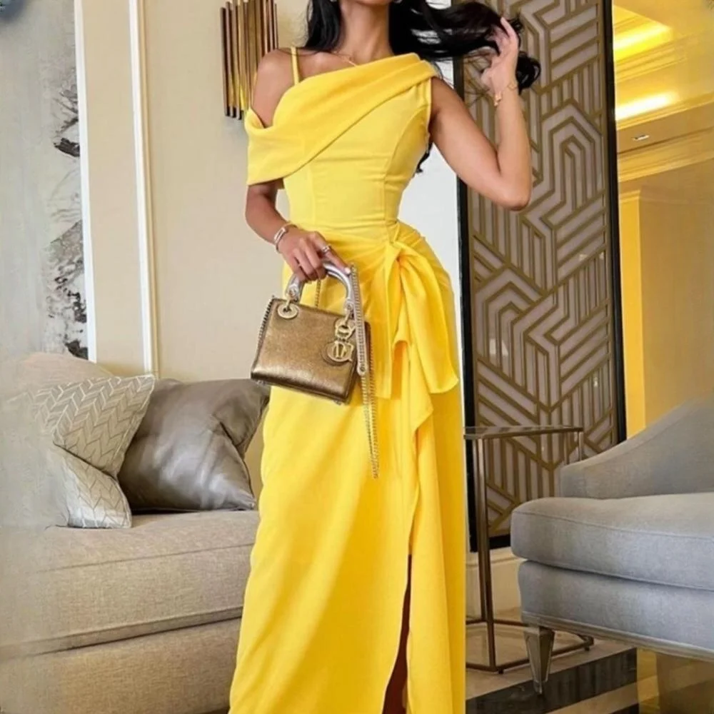 

Fashion Asymmetrical One-Shoulder Sheath Pageant Dresses Ankle Length Slit Knot Taffeta Formal Evening Gowns 신상원피스