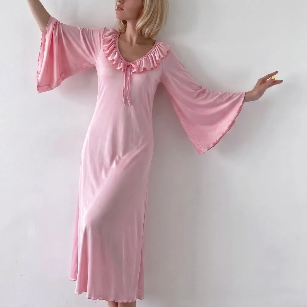 French Rose Red Color Milk Silk Lantern Sleeve Ruffle Nightgown for Women Soft Loungewear Dress Casual Versatile Homewear Outfit