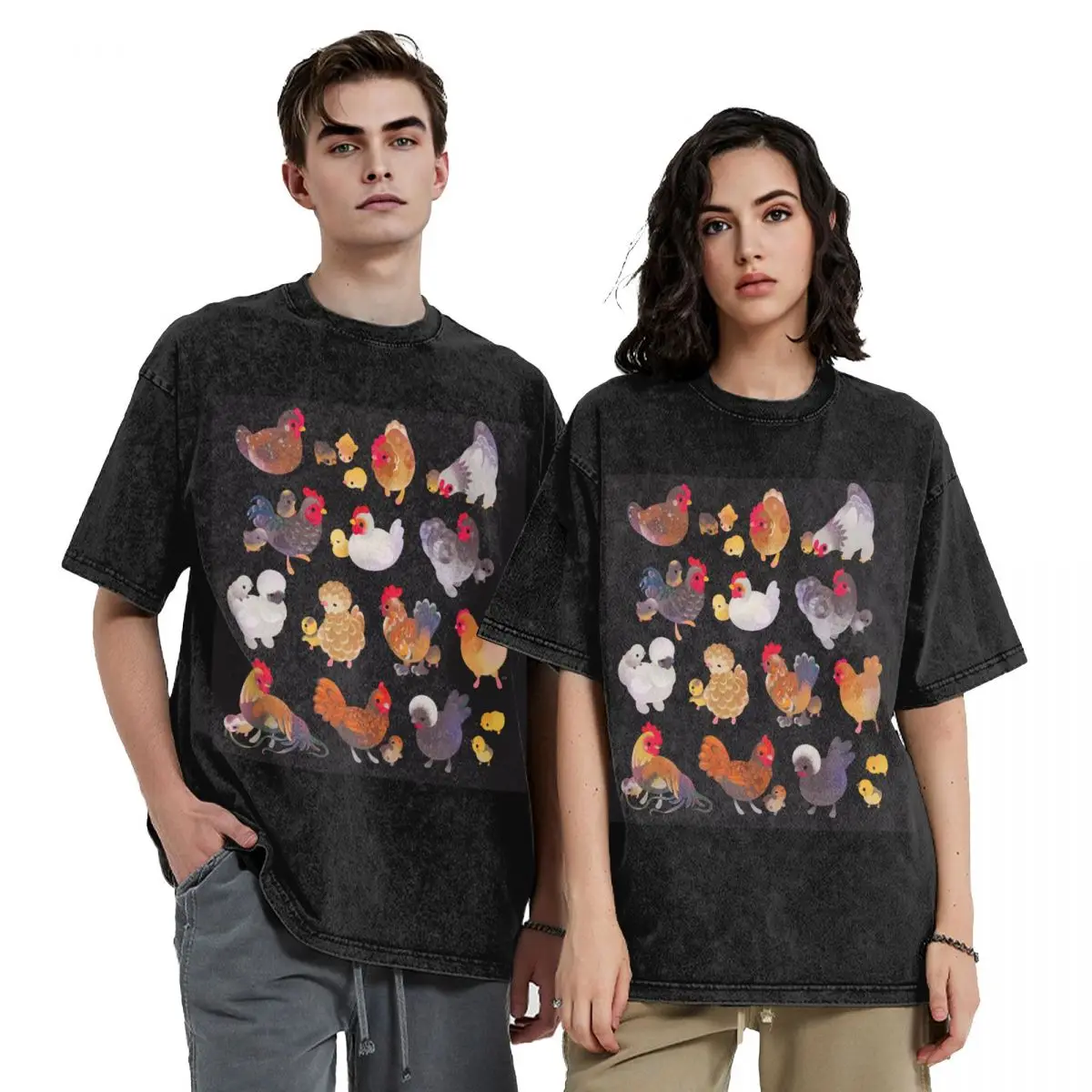 Chicken And Chick - Dark Hip Hop Short Sleeve T-Shirts Washed Tops Tees Streetwear T Shirt Harajuku for Men Women