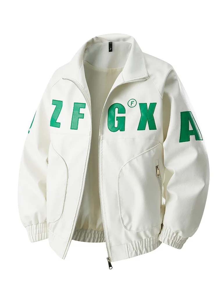 رجل سترة جلدية الخريف جديد رسالة مطبوعة الوقوف طوق طويلة الأكمام الرجال ملابس خارجية دراجة نارية فاسق فضفاض الذكور Bomber معطف