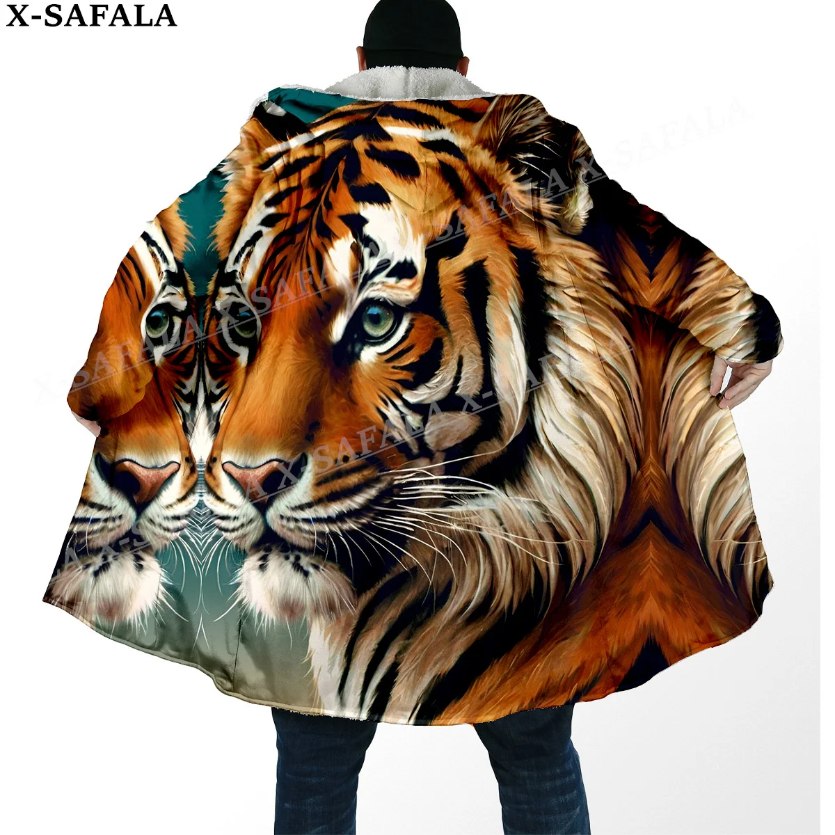 Mythology Tiger The King Spirit Thick Warm Hooded Cloak Men Overcoat Coat Windproof Fleece Cape Robe Hooded Blanket-14