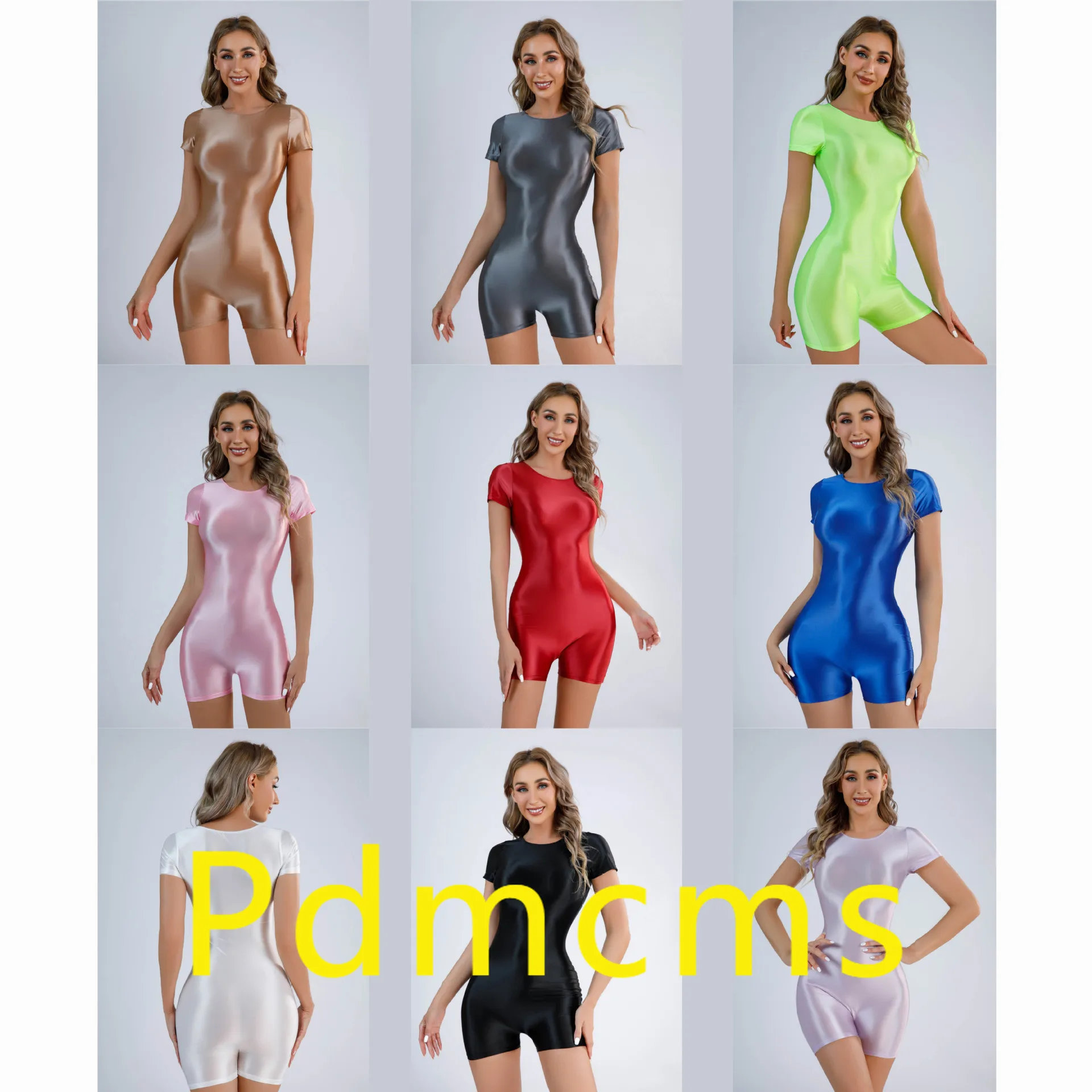 

2025 new oil shiny silky front seamless shorts jumpsuit tight European and American sexy large size 9026