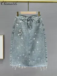 Heavy Hot Drilling Denim Skirt for Women 2023 Summer New Fashion High Waist Skirt Loose Slim-fit European Goods A- Line Skirts