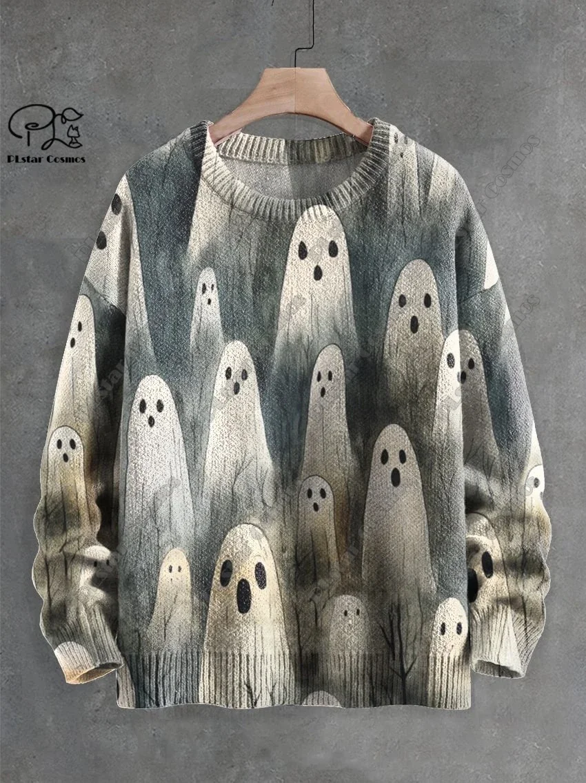 

3D Printing Halloween Custom Series Horror Ghost Skull Witch Black Cat Pattern Ugly Sweater Street Casual Winter Sweatshirt W-2