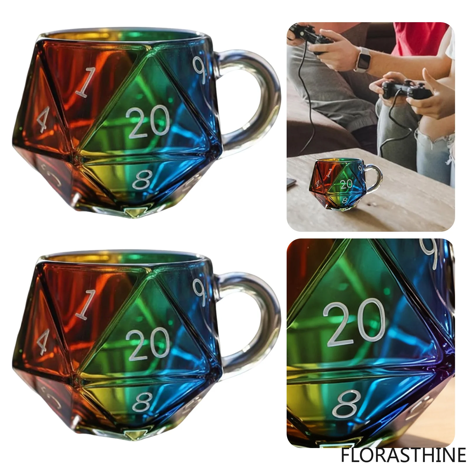 Rainbow D20 Dice Mug with Handle Polyhedral Dice Coffee Cup D20 Cup Glass for Game Night Board Games Enthusiasts