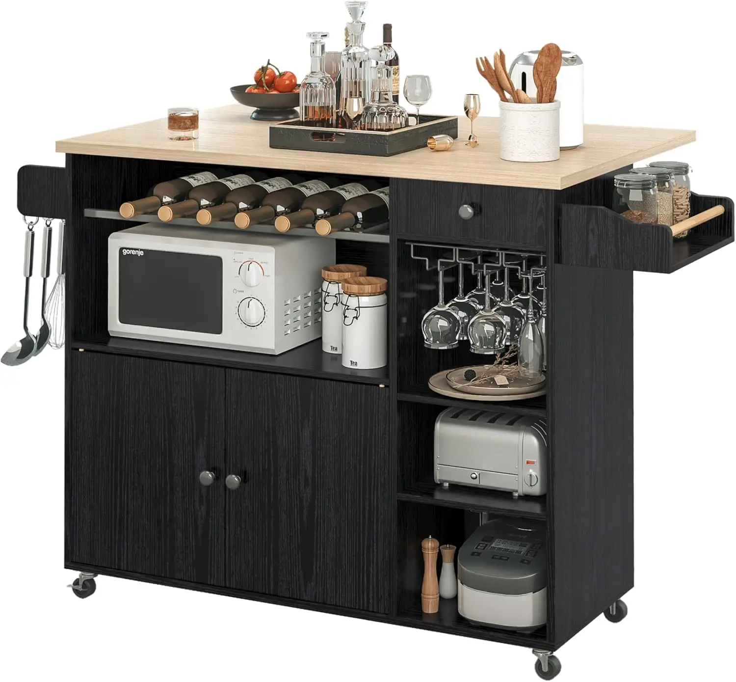 

Rolling Kitchen Island Cart with Drop-Leaf and Wine Rack, Microwave Rack Serving Cart on Wheels with Drawer & Shelves & S