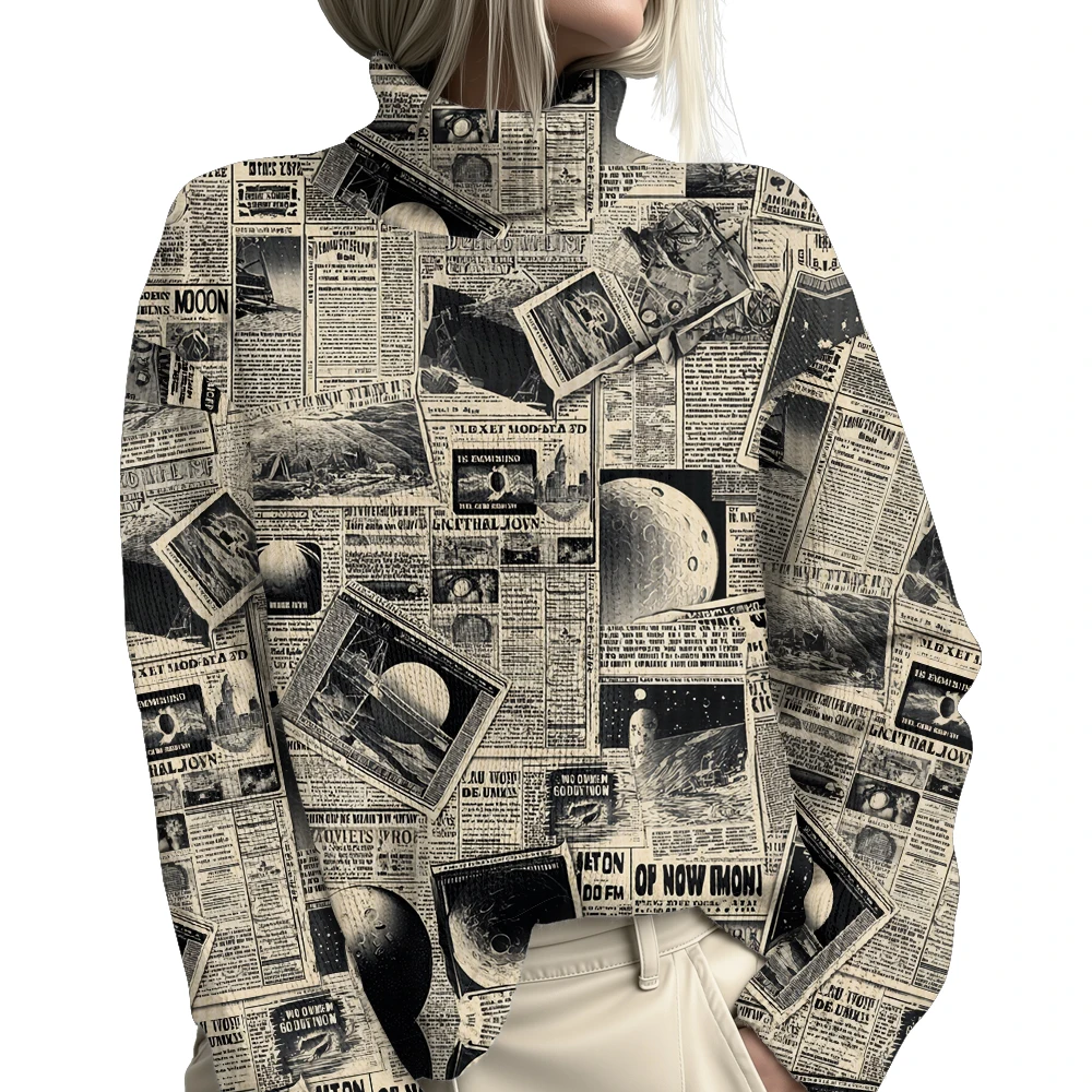 

Женский легкий свитер с высоким воротником классического кроя и газетным принтом, уличная одежда с длинными рукавами, пуловер, вязаные джемперы 1.