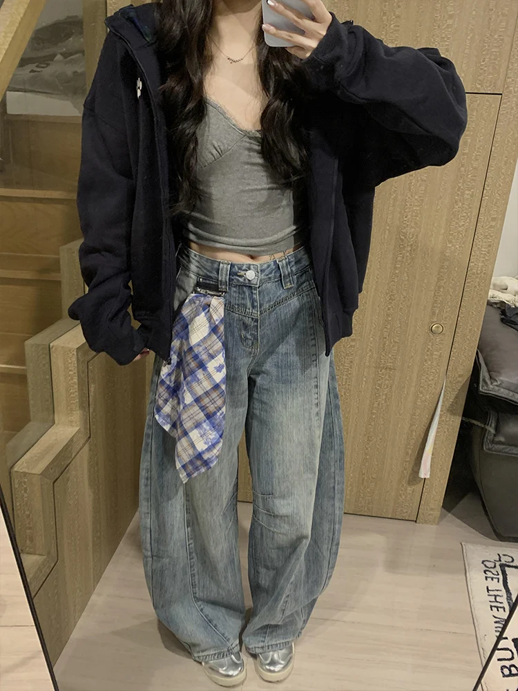 레트로 아메리칸 체크 스플라이스 후디 여성 캐주얼 올매치 지퍼 코트 가을 신상 고급스러운 느낌의 편안한 스웨트셔츠