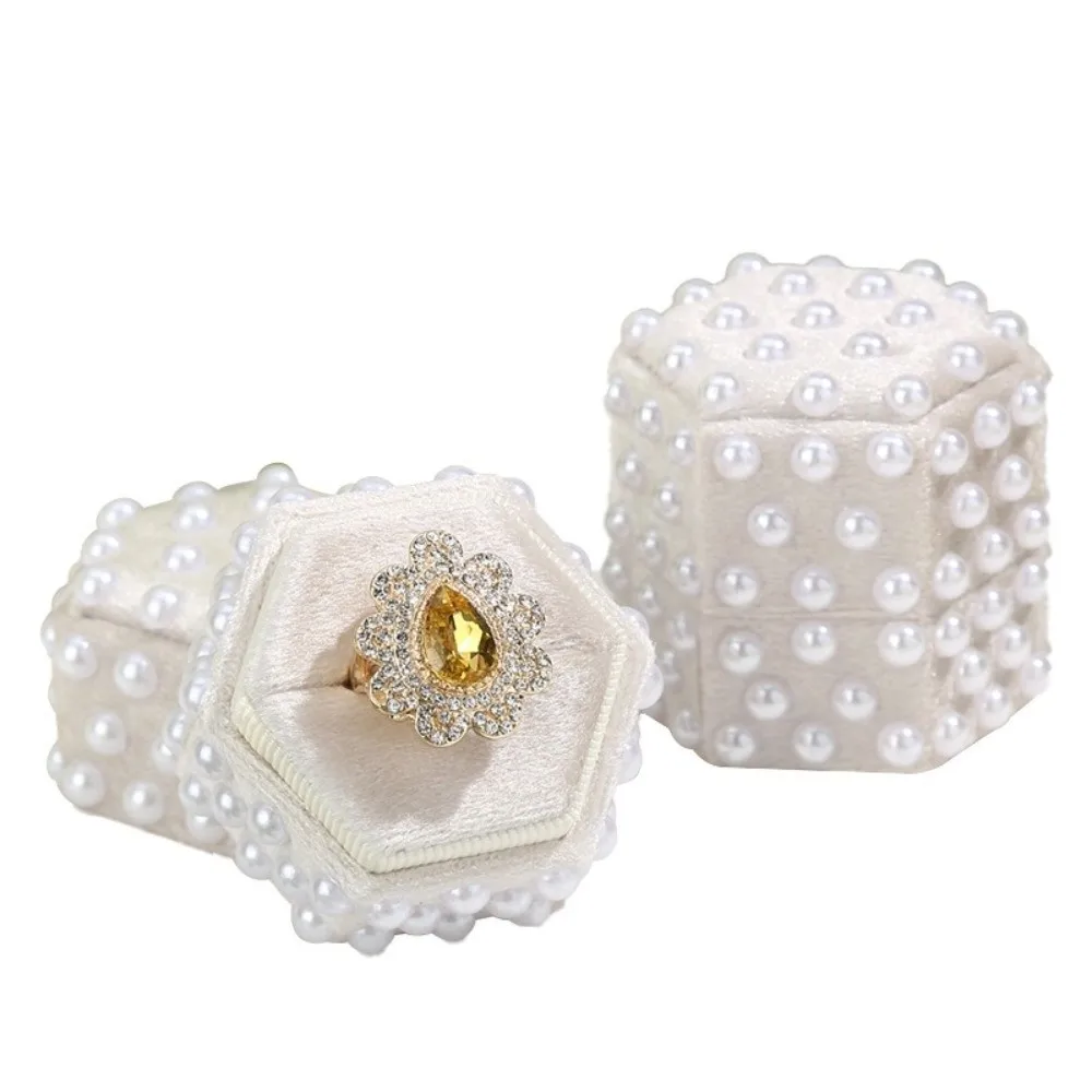 

Pearl Velvet Ring Box 2/3 Slots Hexagon Elegant Jewelry Box Wedding Decor with Detachable Lid Rings Display Holder