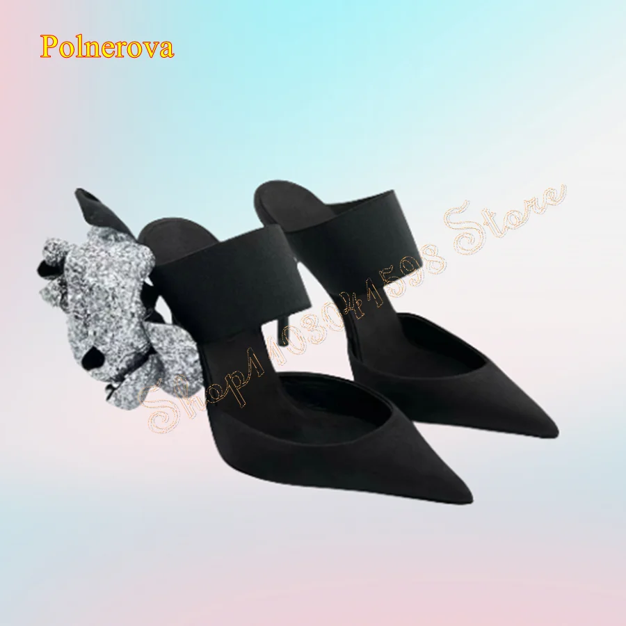 

Light Luxury Crystal Flower Slippers Pointed Toe Canvas Stiletto Women Shoes Wedding Party Heels 2024 New Zapatos Para Mujere