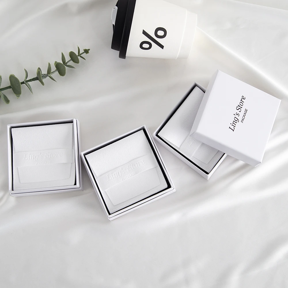 Lovely 9x9x3cm White Kraft Box 7x7x3cm Jewelry Gift Boxes 8x8cm  Microfiber Strip Bag 6.2x6.2cm Earring Stud Ring Bracelet Pouch