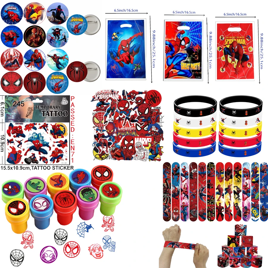 

Disney Spiderman Party Kids Favor Toys includes Slap Bracelets Tattoo Stickers Blowouts Gifts Bags Set for Party Decorations
