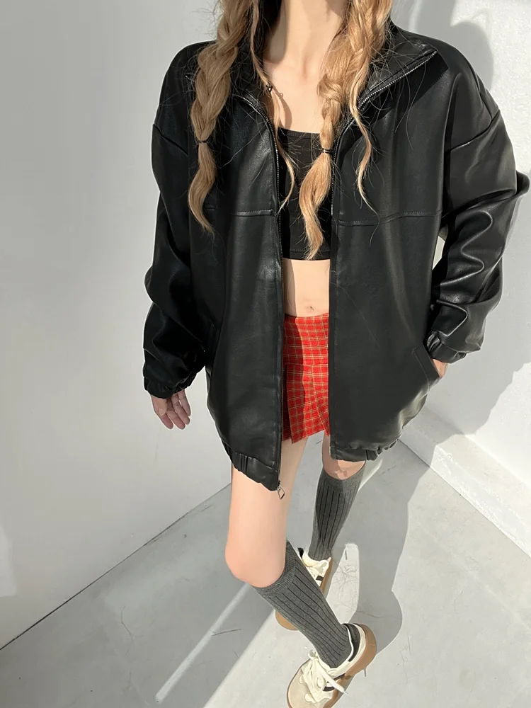 Bla American Retro Motorcycle Jaet المرأة الخريف الشتاء بولي معطف معطف جلد Sli الشارع الشهير معطف طويل بياقة Sve #2