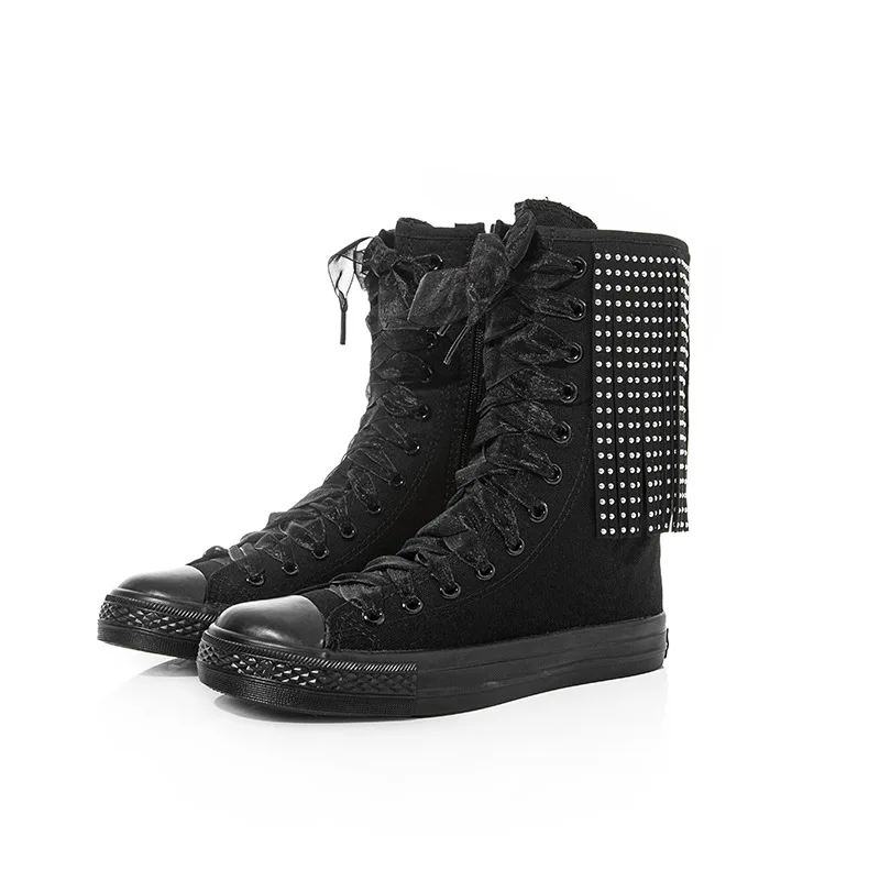 

Women's Tassel High Top Canvas Shoes Inner Height Increasing Casual Woman's Sneakers Fashion Side Zipper Short Boots Botas Mujer