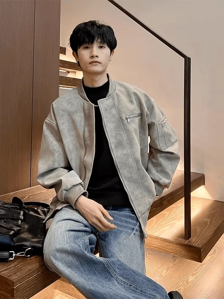 

American Dyed PU Leather Jaet Men's Sle Cleanfit Workwear ort Motorcycle Baseball orm Zipper Decorated Spring Faion