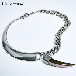 HUANZHI Alloy Ox Horn Buckle Pendant Chain Necklace for Women Girls Half Curved Heavy Choker Fashion Design Cool Accessories