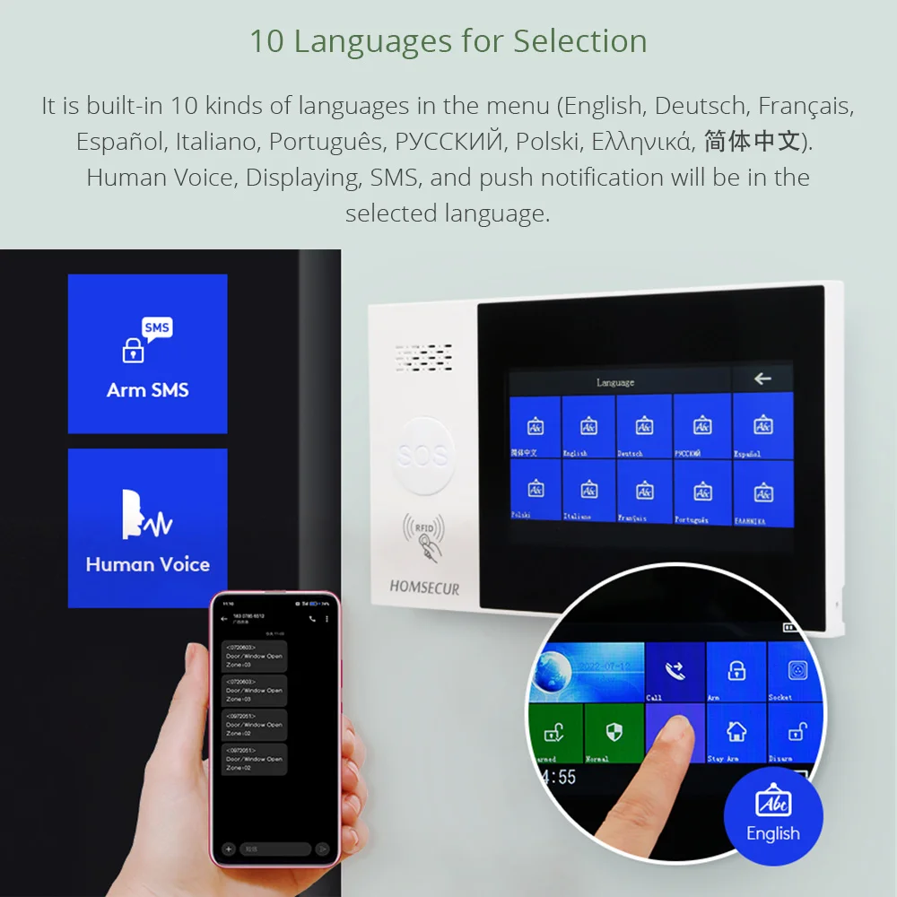 Imagem -03 - Homsecur-sistema de Alarme Doméstico sem Fio Wifi 4g 2g Rfid Sms Autodial Touch Screen Kit Básico Sensor de Fumaça Câmera ip Opcional