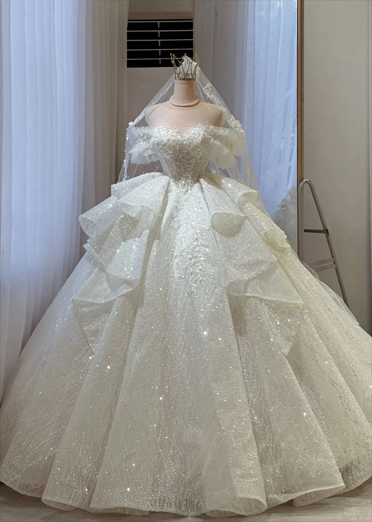 Elegant And Sparkling Ruffle Ball Dress With Off Shoulder LaceEmbroidered Beads Lace And Luxurious Bridal Dress Customized