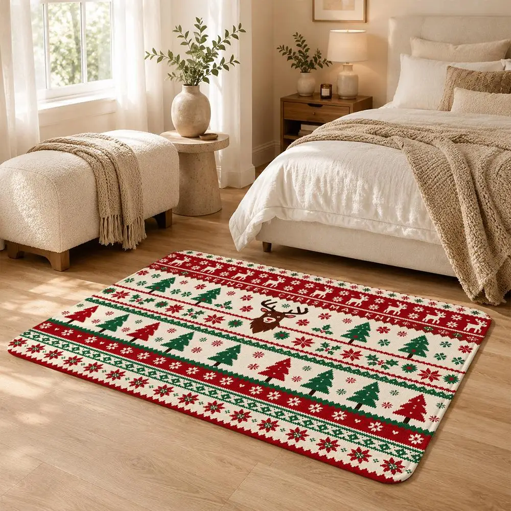 Reindeer And Fair Isle Christmas Floor Mat Flannel Rug Soft Non Slip Washable Door Mat For Bathroom Bedroom Kitchen Home Decor