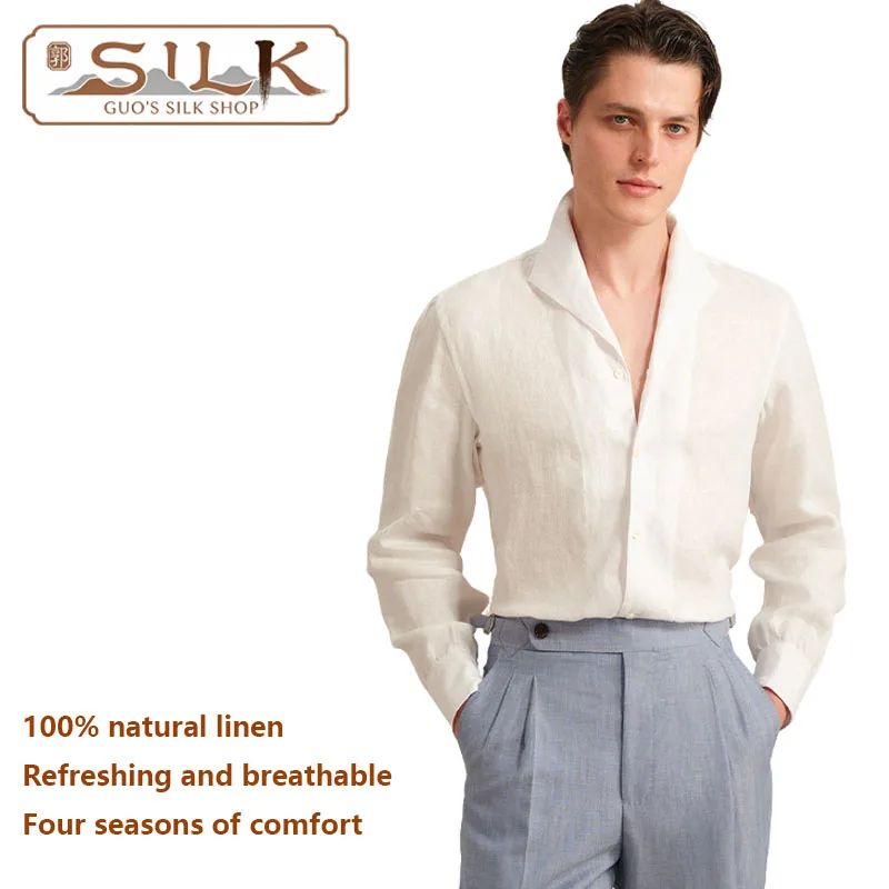 

High-end Natural Pure Linen Men's Shirt - Long-sleeved Collared Shirt - Elegant and Fashionable Shirt for Youthful Trend