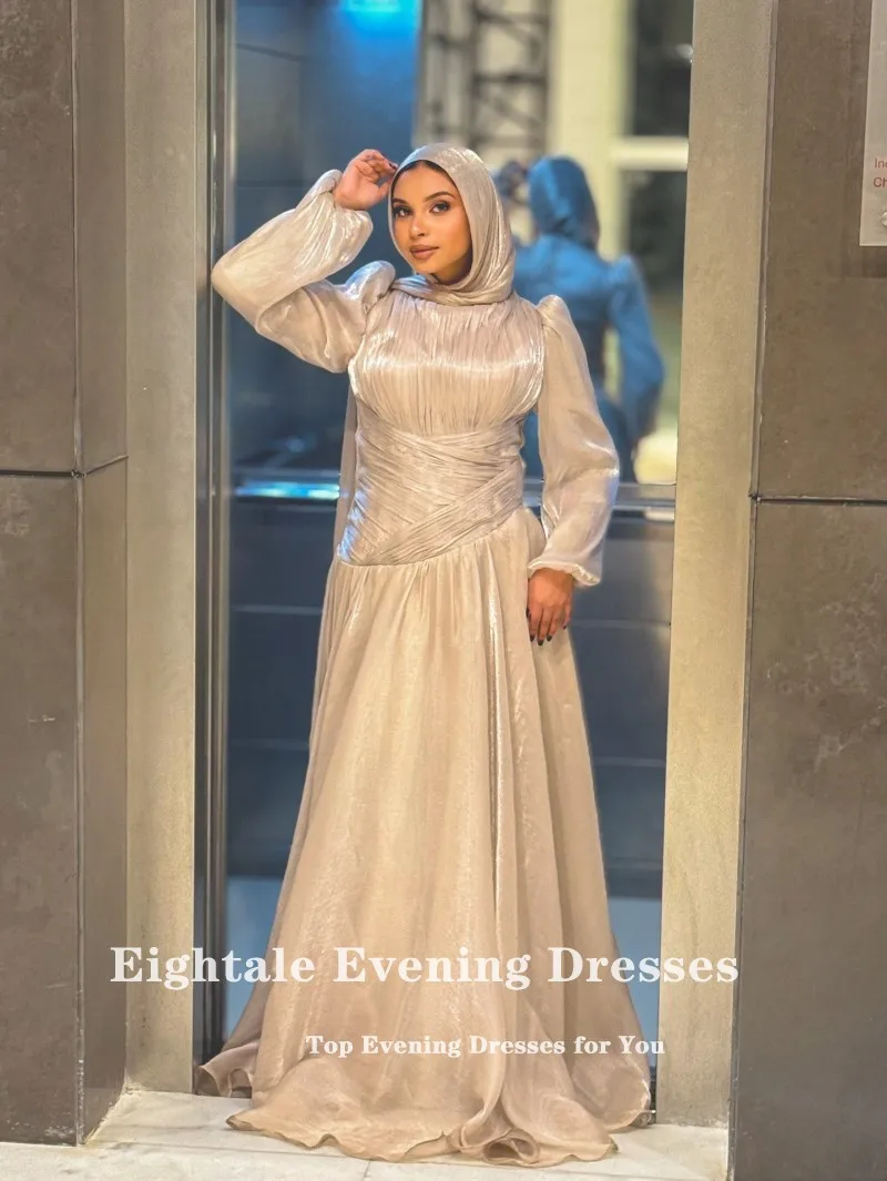 Eightale Arabisches Abendkleid, O-Ausschnitt, Falten, Krepp, maßgeschneidert, bodenlang, muslimisches Champagner-A-Linien-Abschlussball- und Hochzeitskleid