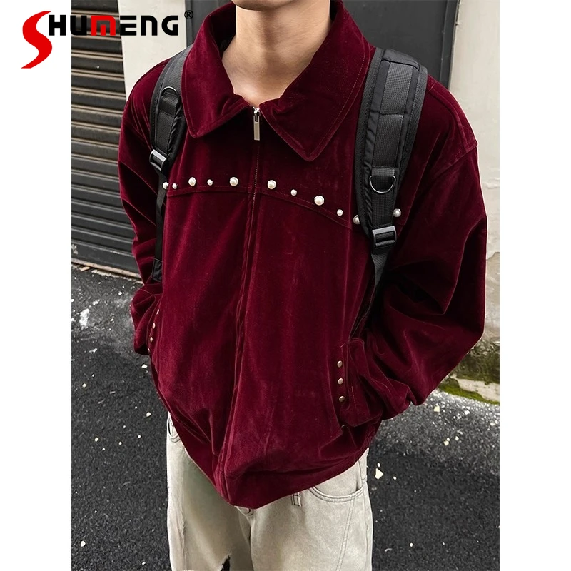 

Men Women 2025 Autumn New Retro Pearl Design Lapel Jackets Trendy Short Style Velvet Coats Long Sleeve Pocket Decoration Jackets