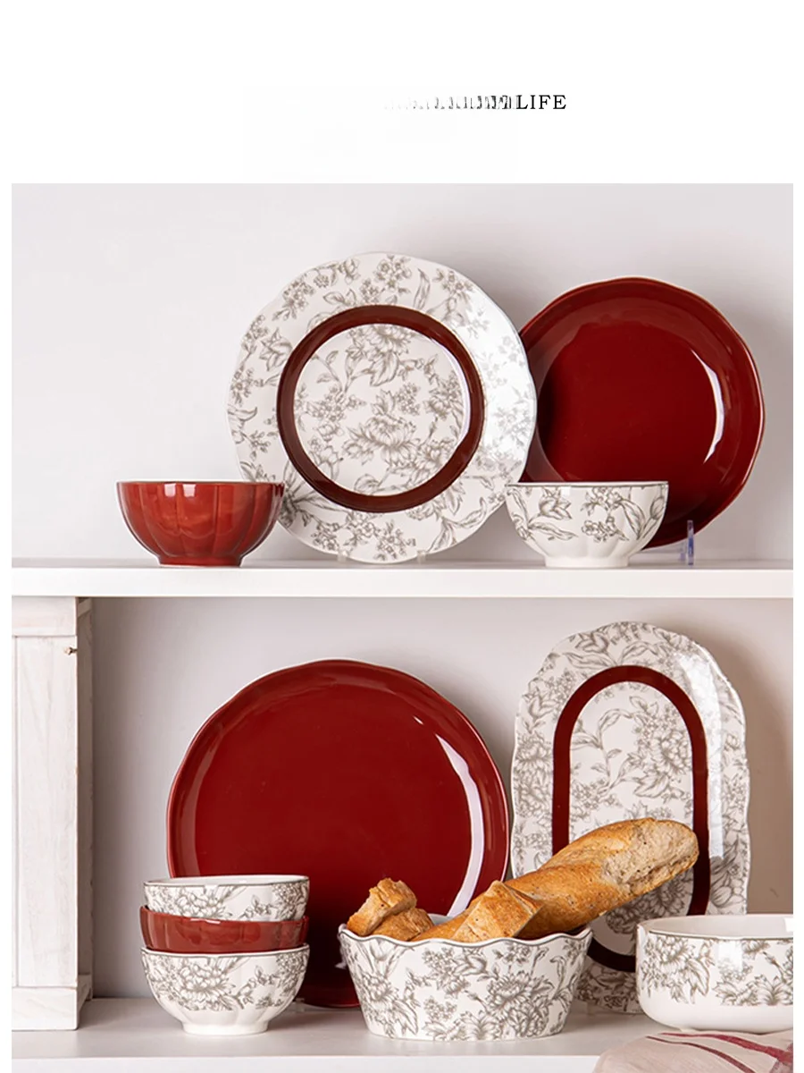 Tlife Prague Ceramic Dinnerware Set Wedding New Couple Home Use Dish Bowl Plate Nordic Style Daily Gift Plant Floral Pattern