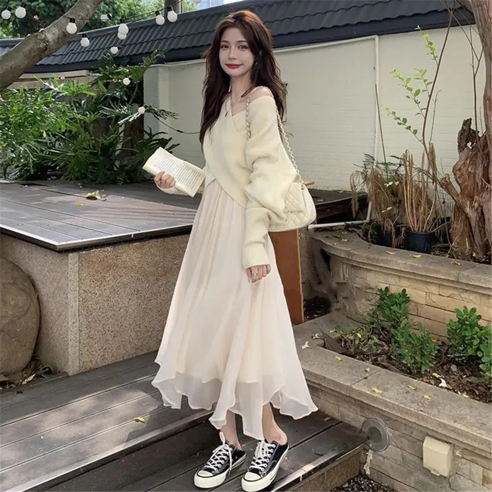 Women Irregular 1pc/2pcs Set V-Neck Cross Sweater Knitwear Loose Solid +Ruffled Tulle Long Skirt Korean Temperament Sweet Suit