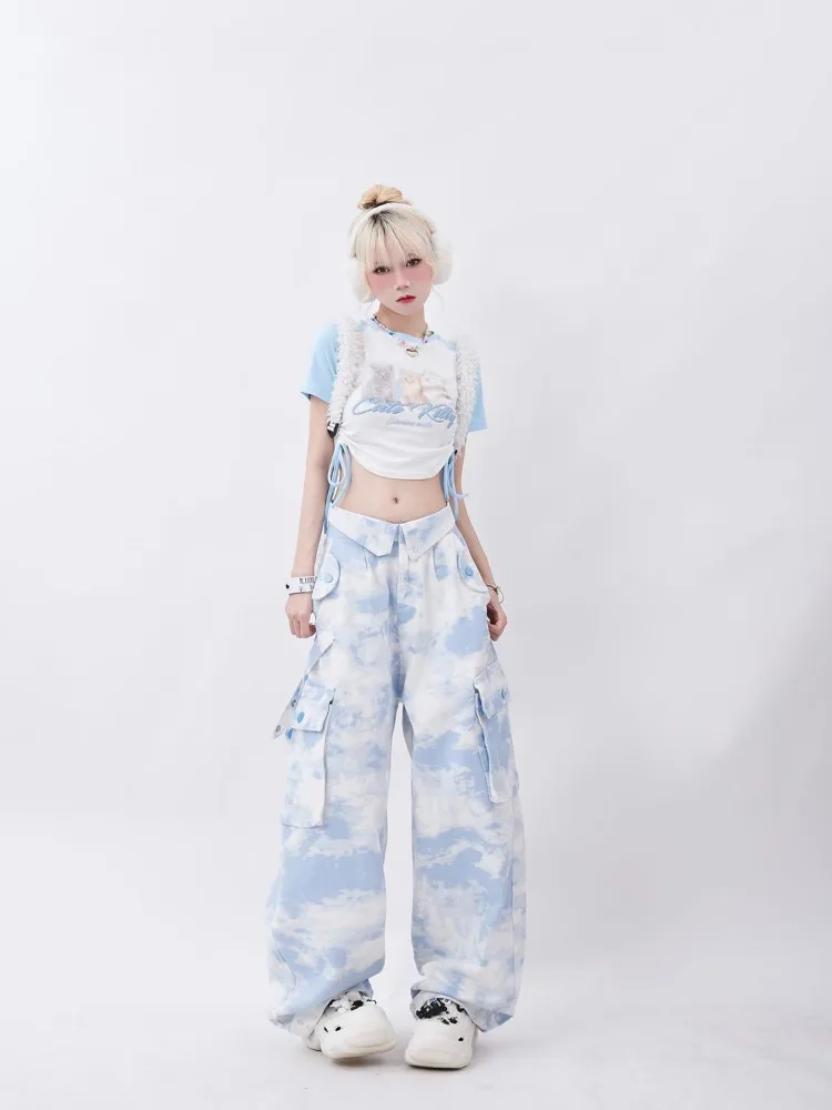 Kimutomo Cargo Pants Women Tie Dye Streetwear Punk Straight Loose Y2k Aesthetic Pockets Grunge Harajuku Wide Leg Trousers Gothic