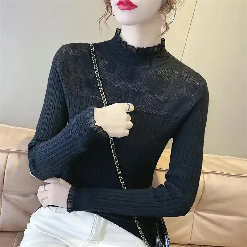 

Women's Autumn Winter Pullover Turtleneck Gauze Solid Hollow Out Lace Long Sleeve Sweater Knitted Casual Undershirt Elegant Tops
