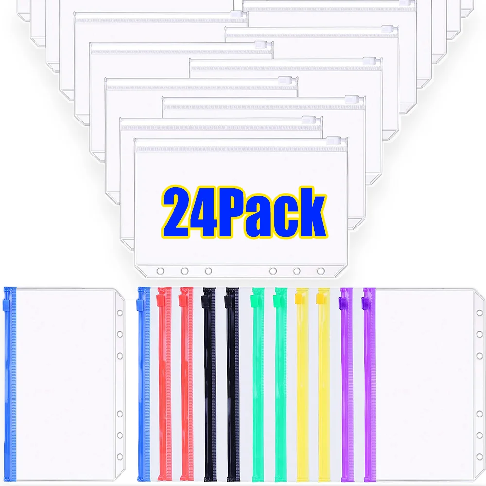 

2-24Pcs Clear Binder Pockets A6 6-Hole Waterproof PVC Organizer Cash Budget Envelopes Zipper Binder Pouches for Notebook Planner