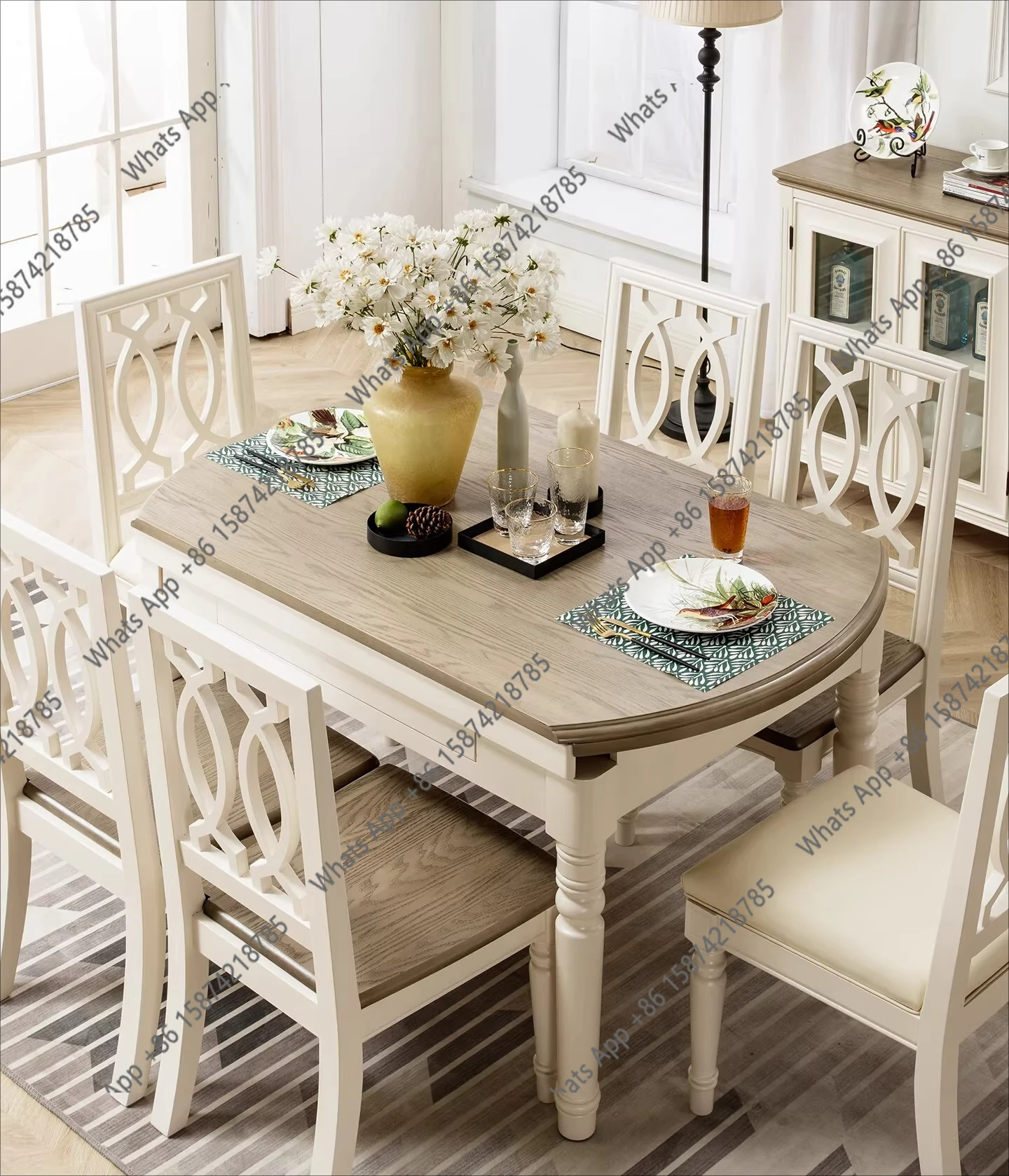 American pure solid wood dining table and chairs retractable folding deformable round oval jumping dining table