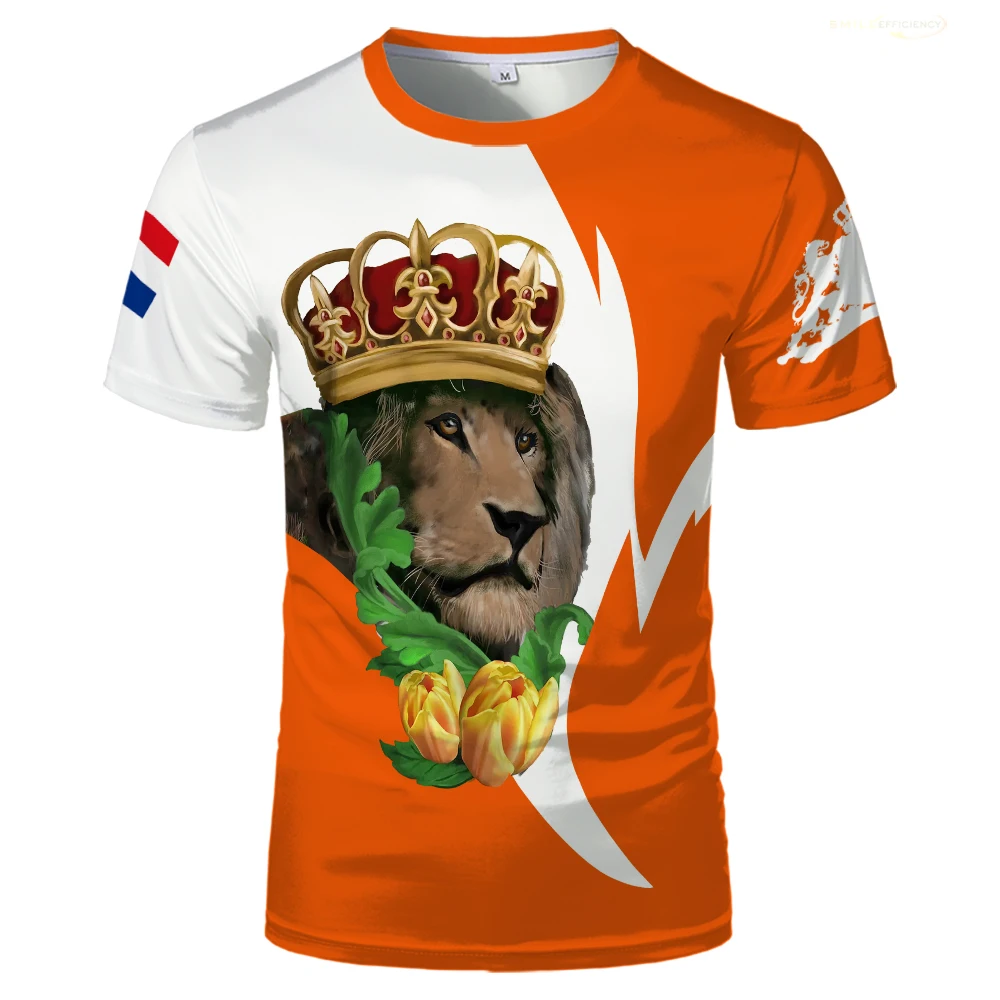 2026 Netherlands Lion Soccer Art Fan Jersey Short Sleeve White Orange Color Block Flag Print Sports Tee for Adults Kids